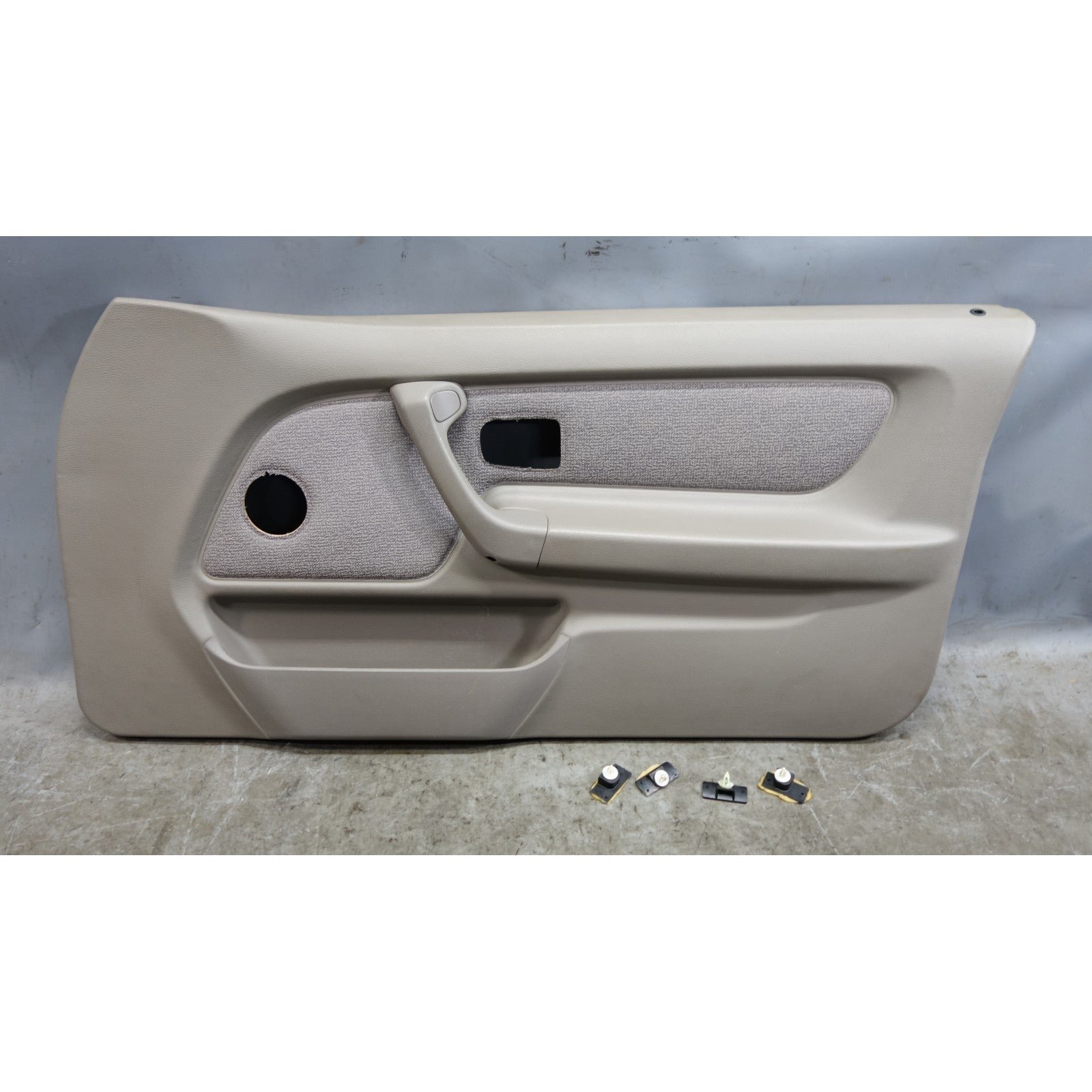 57_148d0f9e-d83a-4910-8d59-2e136fa02f9a.jpg 92-99 BMW E36 318ti Compact Right Passenger Door Trim Panel Sand Grey Cloth OEM - Image 1